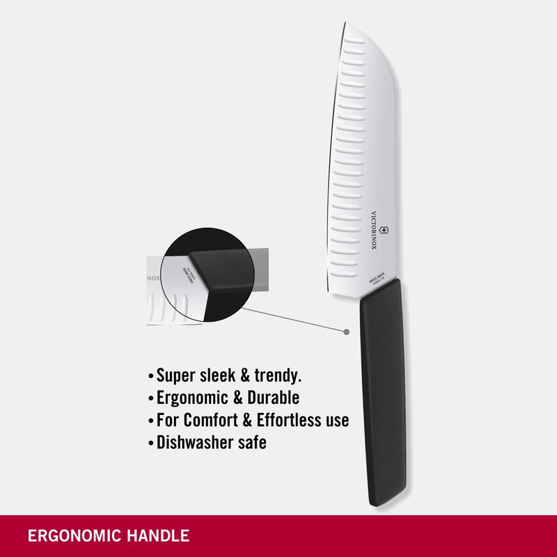 Victorinox Swiss Modern Stainless Steel Santoku Knife with Fluted Edge, 17 cm, Black, Swiss Made