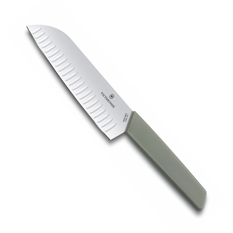 Victorinox Swiss Modern Stainless Steel Santoku Knife with Fluted Edge, 17 cm, Olive Green, Swiss Made