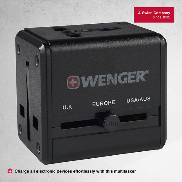 Wenger Universal Travel Adapter with USB Charger for Global Travel, Black-Swiss Designed