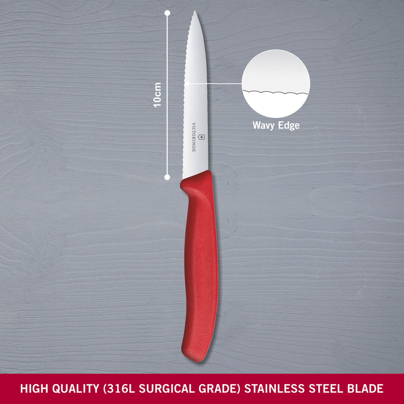Victorinox Stainless Steel Kitchen Knife, "Swiss Classic" Serrated Edge, 10 cm, Red, Swiss Made