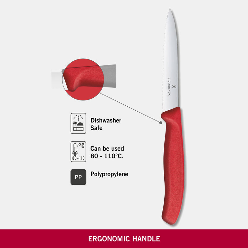 Victorinox Stainless Steel Kitchen Knife, "Swiss Classic" Serrated Edge, 10 cm, Red, Swiss Made