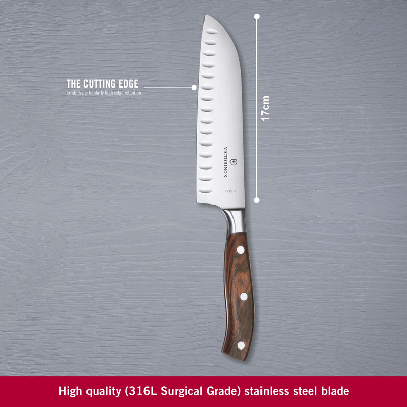 Victorinox Grand Maitre Stainless Steel Forged Santoku Knife,Fluted Edge, Rosewood, 17 cm, Swiss made