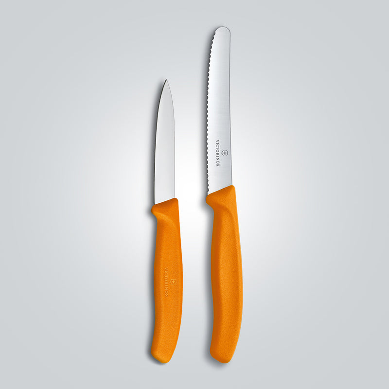 Victorinox Kitchen Knife, Set of 2, Stainless Steel Straight Edge and Wavy Edge Knives, Orange, Swiss Made
