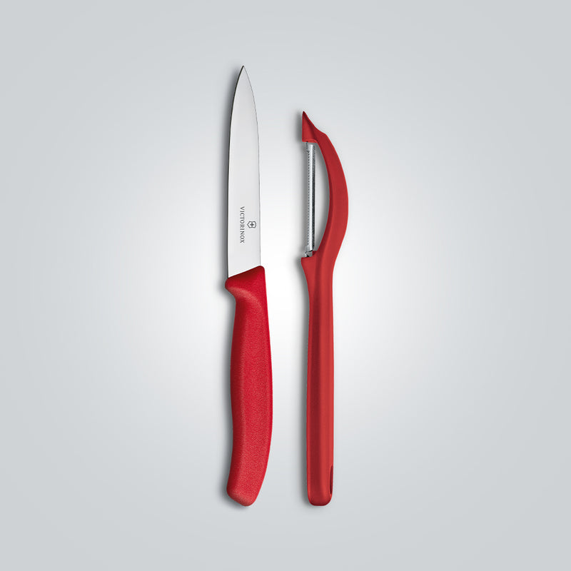Victorinox Swiss Classic Kitchen Knife Set of 2-Straight Edge Knife & Universal Peeler,Red, Swiss Made