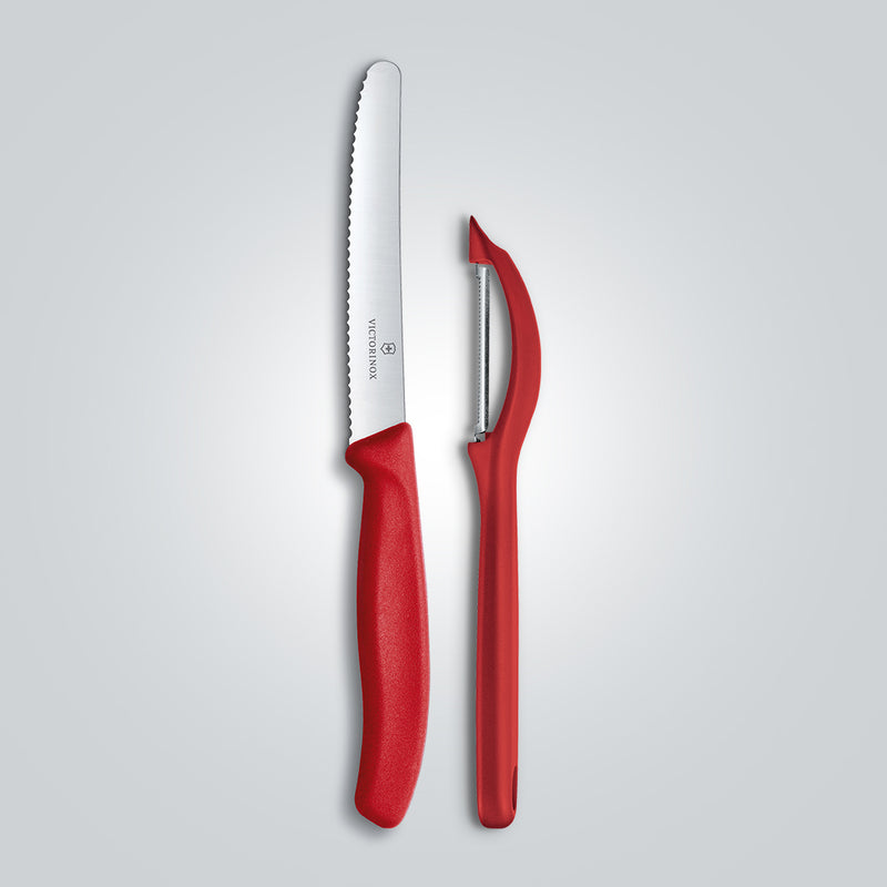 Victorinox Kitchen Knife, Set of 2-Sharp Wavy Edge Knife and Stainless Steel Universal Peeler, Red, Swiss Made