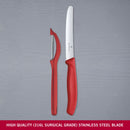 Victorinox Swiss Made Kitchen Knife, Set of 2-Sharp Wavy Edge Knife and Stainless Steel Universal Peeler, Red