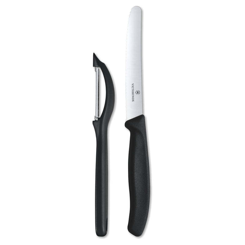 Victorinox Swiss Classic Kitchen Knife Set of 2-Wavy Edge Knife & Universal Peeler,Black,Swiss Made