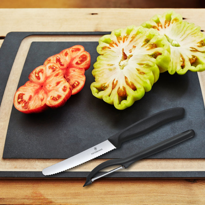 Victorinox Swiss Classic Kitchen Knife Set of 2-Wavy Edge Knife & Universal Peeler,Black,Swiss Made