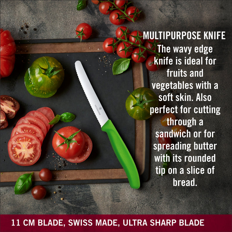 Victorinox Swiss Classic Kitchen Knife Set of 2-Wavy Edge Knife & Universal Peeler,Green,Swiss Made