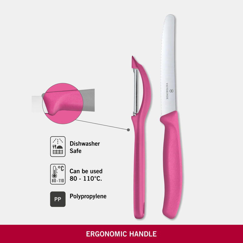 Victorinox Swiss Classic Kitchen Knife Set of 2-Wavy Edge Knife & Universal Peeler,Pink,Swiss Made