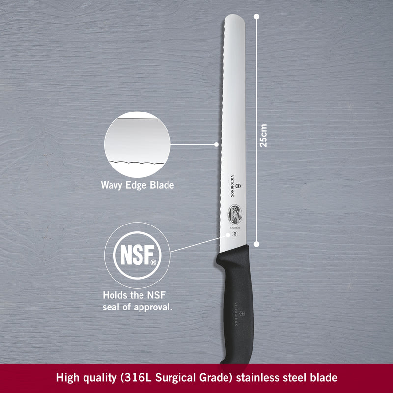 Victorinox Fibrox Handle-Stainless Steel Slicing/Larding Knife,Wavy Edge Pointed Tip,Black,25 cm