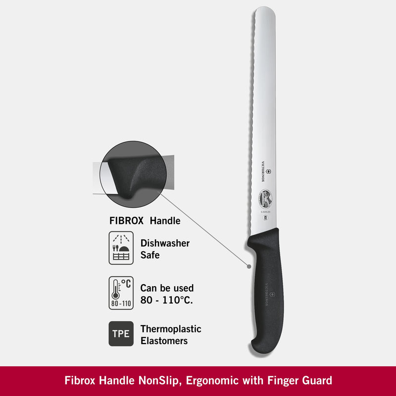 Victorinox Fibrox Handle-Stainless Steel Slicing/Larding Knife,Wavy Edge Pointed Tip,Black,25 cm