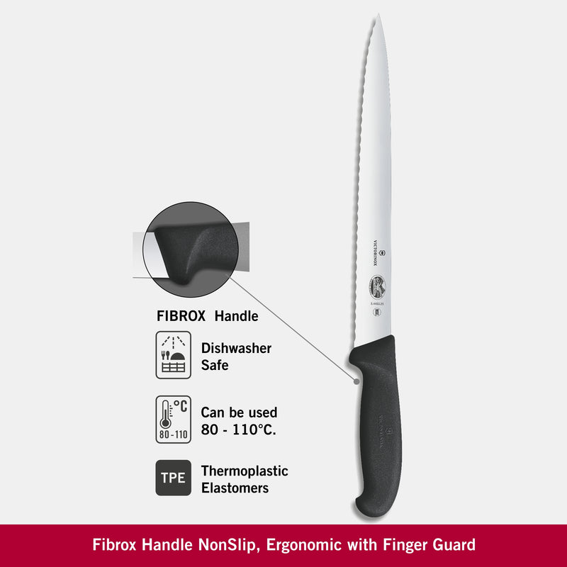 Victorinox Fibrox Handle-Stainless Steel Slicing/Larding Knife,Wavy Edge Pointed Tip,Black,25 cm
