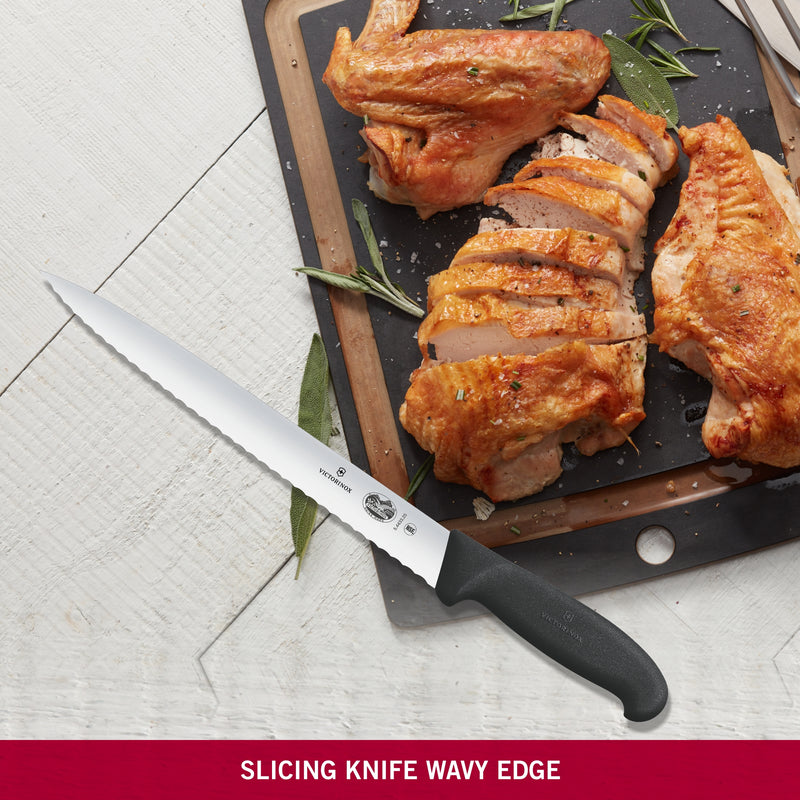 Victorinox Fibrox Handle-Stainless Steel Slicing/Larding Knife,Wavy Edge Pointed Tip,Black,25 cm